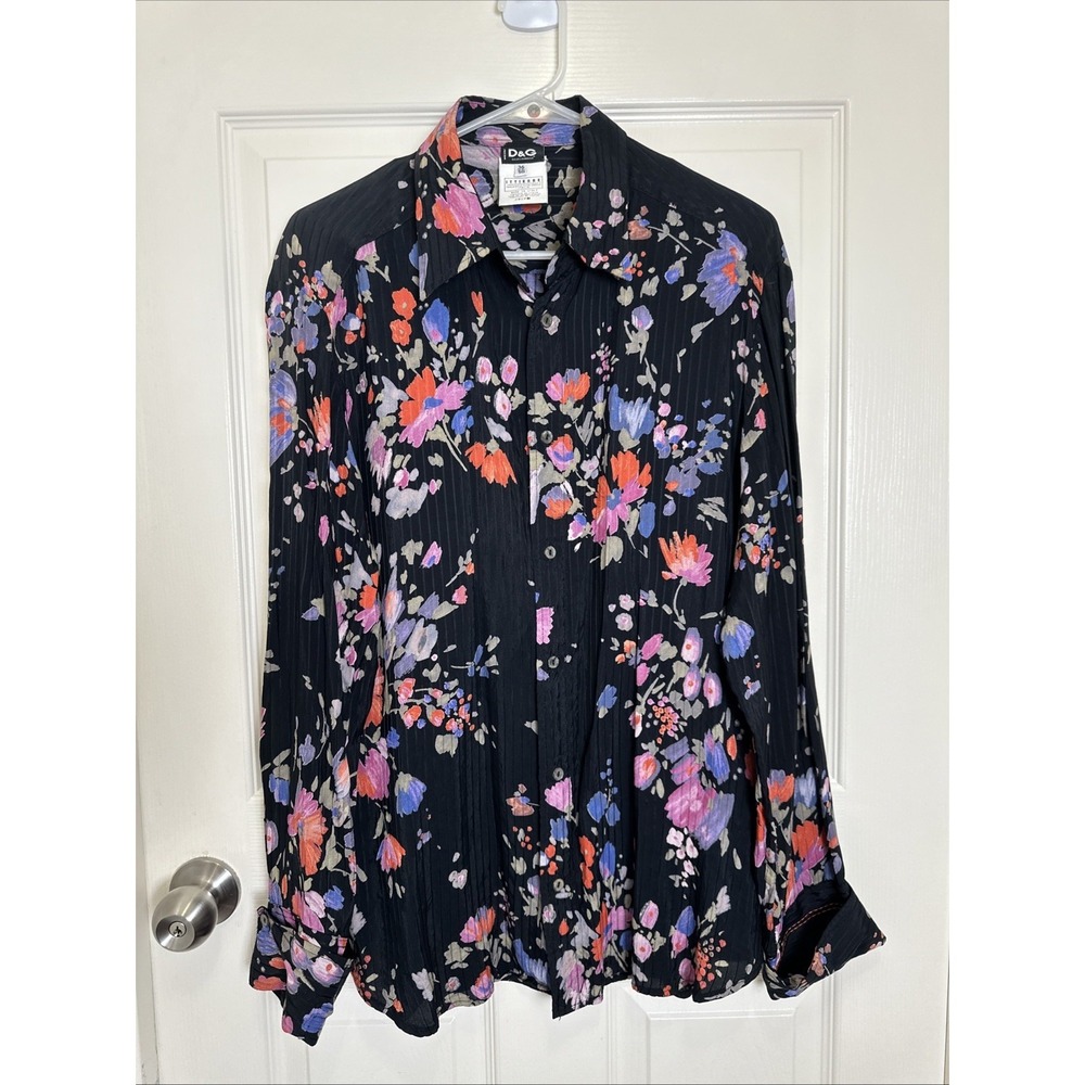 Rare Dolce & Gabbana Mens Long Sleeve Black Floral Button Down Shirt Viscose LG
